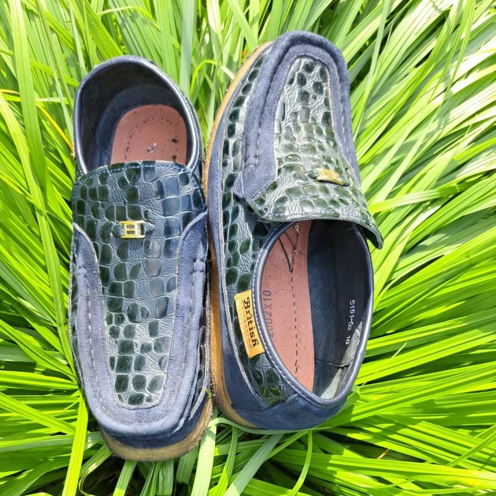 British Walker Stone Pattern Casual 10 M/W Suede Leather Slip On Crepe Sole Blue